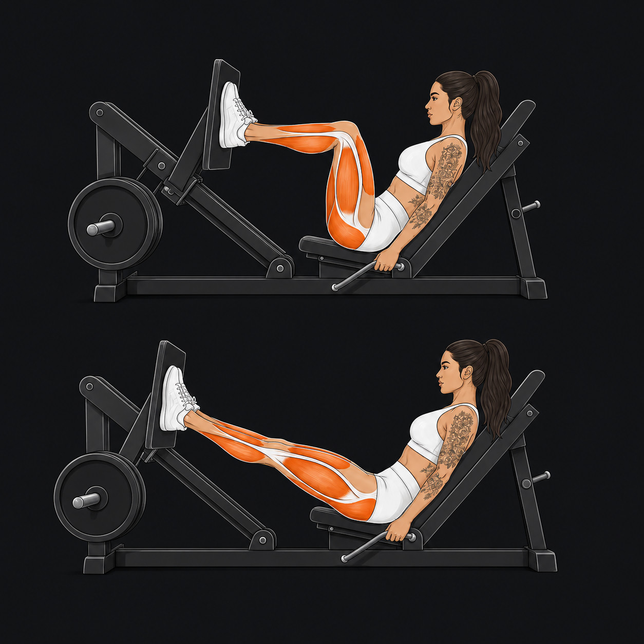 Leg press exercise with the working muscles highlighted