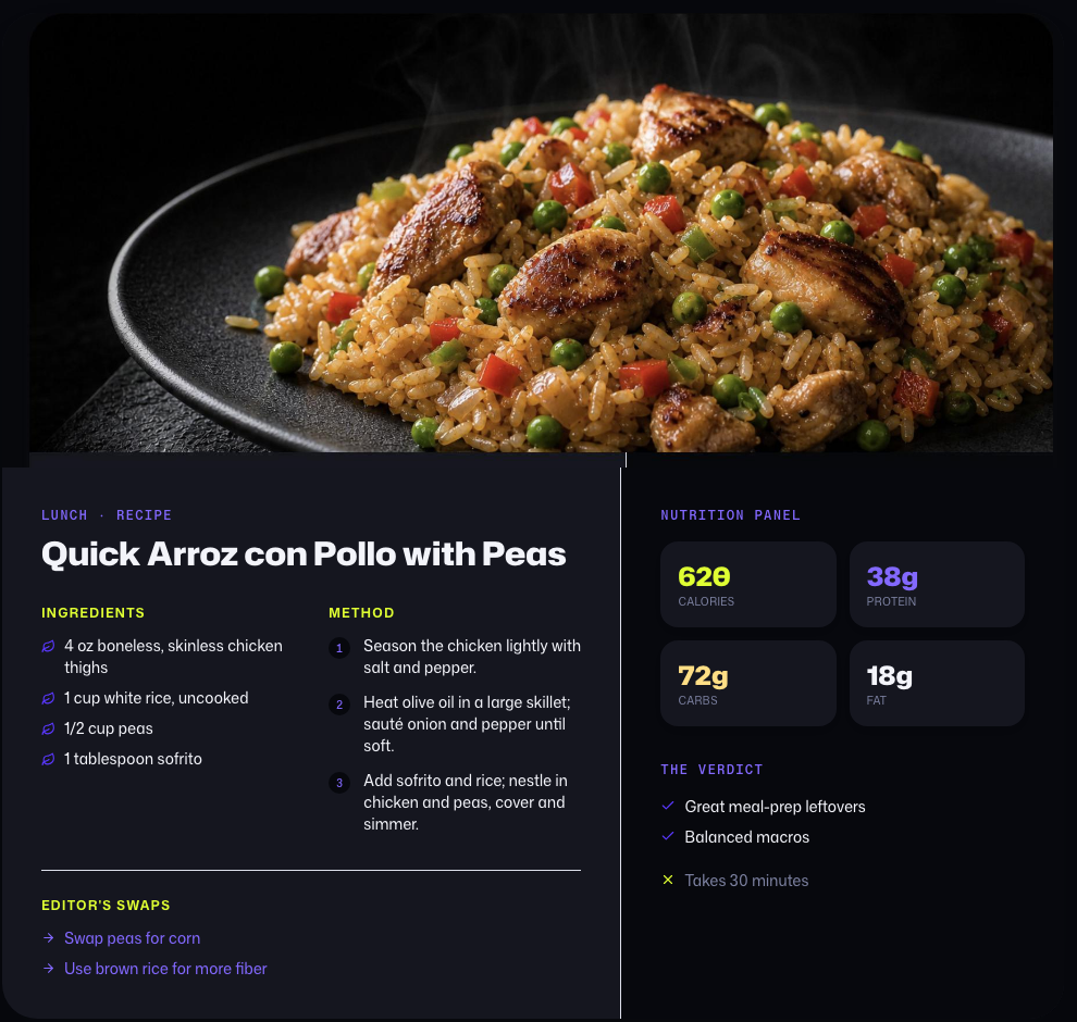 A recipe open in BienTo, showing ingredients, method and a full nutrition panel